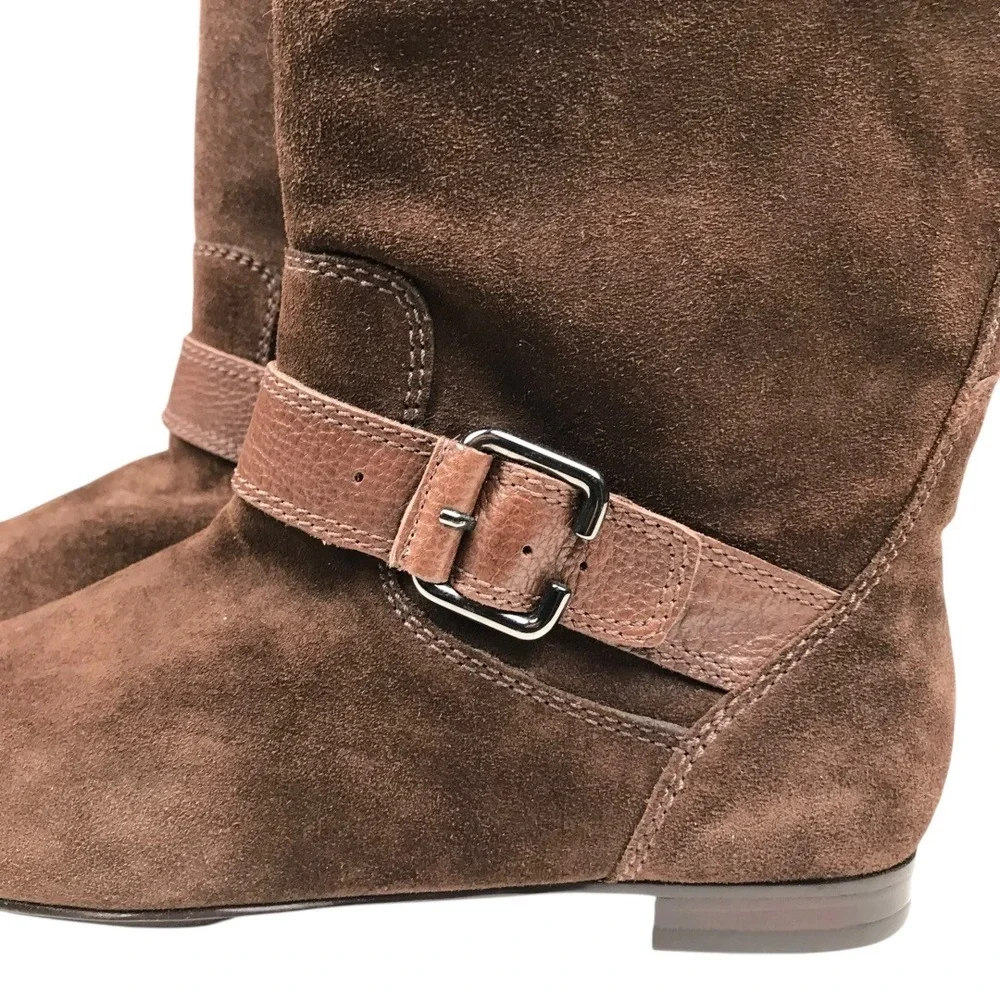 Marc Fisher Women Brown Suede Buckle Knee High‎ Boots Flat Heel Size 7.5 SU